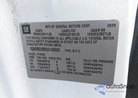 2009 GMC Acadia Slt-1 из США, поврежденный, VIN 1GKER23D59J143320